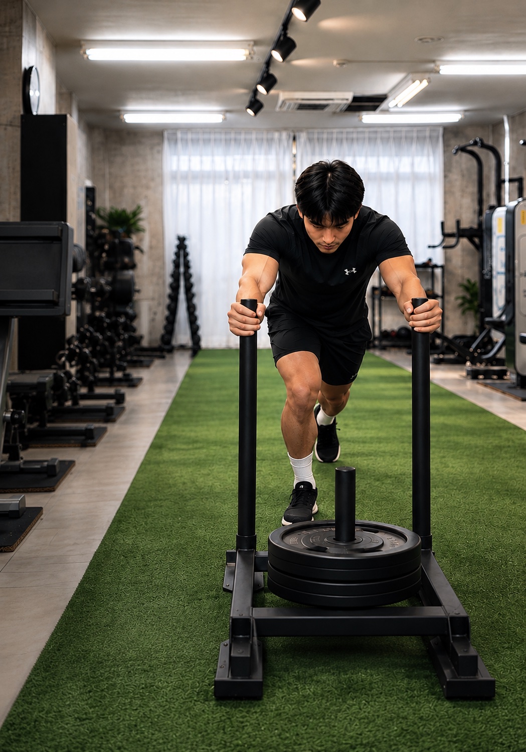 人工芝のレーンでスレッドを押すトレーニング